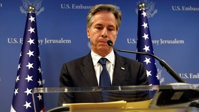 US Secretary of State Antony Blinken speaks in Tel Aviv on October 18. (Reuters)