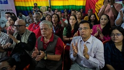 LGBTQ community supporters and members wait for the Supreme Court verdict on petitions that seek the legalization of same-sex marriage, in Mumbai, India, Tuesday, Oct. 17, 2023. According to a Pew survey, acceptance of homosexuality in India increased by 22 percentage points to 37% between 2013 and 2019. (AP Photo/Rafiq Maqbool) LGBTQ community supporters and members wait for the Supreme Court verdict on petitions that seek the legalization of same-sex marriage, in Mumbai, India, Tuesday, Oct. 17, 2023. According to a Pew survey, acceptance of homosexuality in India increased by 22 percentage points to 37% between 2013 and 2019. (AP Photo/Rafiq Maqbool)