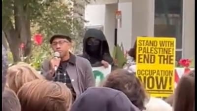 Russell Rickford, an associate professor of history at the school in Ithaca, New York, made the comments at a pro-Palestinian protest (@samaberman screenshot/X) Russell Rickford, an associate professor of history at the school in Ithaca, New York, made the comments at a pro-Palestinian protest (@samaberman screenshot/X)