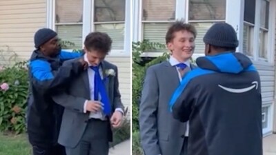 Eligha Bryant helped Luke Breier secure his tie in a random act of kindness (FOX 32 Chicago screenshots) Eligha Bryant helped Luke Breier secure his tie in a random act of kindness (FOX 32 Chicago screenshots)