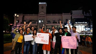 Members of the collective and people from the LGBTQ+ community in Lucknow had gathered at Hazratganj to provide each other company and comfort “no matter which way the verdict goes”. (Deepak Gupta) Members of the collective and people from the LGBTQ+ community in Lucknow had gathered at Hazratganj to provide each other company and comfort “no matter which way the verdict goes”. (Deepak Gupta)