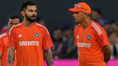 India'ss coach Rahul Dravid with Virat Kohli during a practice session in Ahmedabad (PTI)