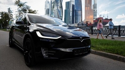 A Tesla Model X electric vehicle is shown in this picture illustration taken in Moscow, Russia July 23, 2020. (REUTERS)