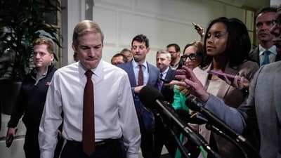 WASHINGTON, DC - OCTOBER 16: Rep. Jim Jordan (R-OH) speaks briefly to reporters as he departs a House Republican Caucus at the U.S. Capitol October 16, 2023 in Washington, DC. House Republicans are holding a caucus meeting Monday night to continue their search for a new Speaker of the House, which they hope to elect on Tuesday. (Getty Images via AFP)