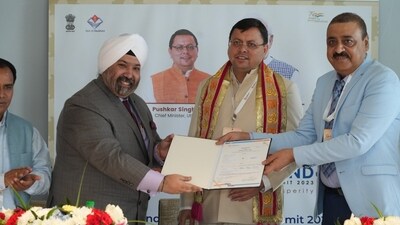 Uttarakhand chief minister Pushkar Singh Dhami is seen during the signing of MoU with an industrial group in Dubai. Uttarakhand chief minister Pushkar Singh Dhami is seen during the signing of MoU with an industrial group in Dubai.