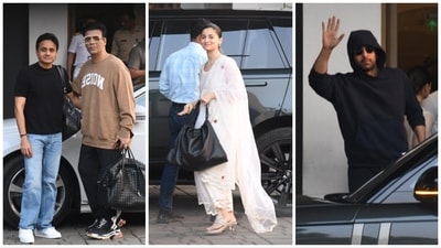Apoorva Mehta, Karan Johar, Alia Bhatt and Ranbir Kapoor at Kalina airport on Tuesday. (Varinder Chawla)