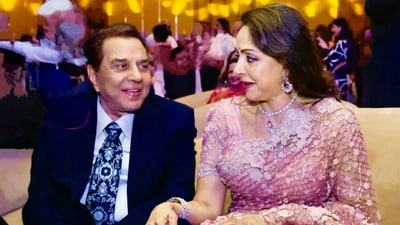 Hema Malini and Dharmendra at her birthday party. Hema Malini and Dharmendra at her birthday party.