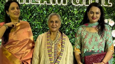 Jaya Bachchan (centre) and Padmini Kolhapure (right) at Hema Malini's 75th birthday party. Jaya Bachchan (centre) and Padmini Kolhapure (right) at Hema Malini's 75th birthday party.