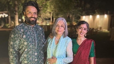 Zeenat Aman poses with her son Zahaan Khan and his partner. Zeenat Aman poses with her son Zahaan Khan and his partner.