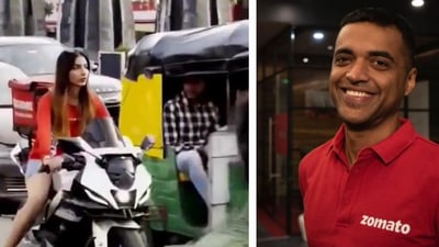 CEO Deepinder Goyal's clarification on the viral video of a girl with a Zomato delivery bag seen driving without a helmet. CEO Deepinder Goyal's clarification on the viral video of a girl with a Zomato delivery bag seen driving without a helmet.