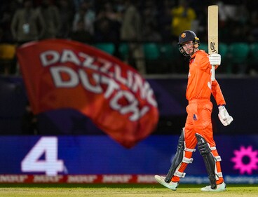 Netherlands' captain Scott Edwards celebrates his half century during the ICC Men's Cricket World Cup 2023 match between South Africa and Netherlands (PTI) Netherlands' captain Scott Edwards celebrates his half century during the ICC Men's Cricket World Cup 2023 match between South Africa and Netherlands (PTI)