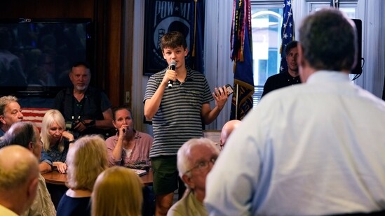 Student Quinn Mitchell, of Walpole, N.H. asks a question to Republican presidential candidate former New Jersey Gov. Chris Christie during a campaign event at V.F.W. Post 1631, Monday, July 24, 2023, in Concord, N.H. (AP Photo/Charles Krupa) (AP)
