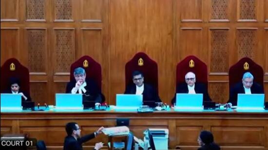 The Supreme Court’s constitution bench that ruled on same-sex marriage comprises Chief Justice of India Dhananjaya Y Chandrachud and justices Sanjay Kishan Kaul, S Ravindra Bhat, Hima Kohli and PS Narasimha (Supreme Court)