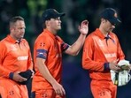 Netherlands skipper Scott Edwards and and teammates celebrate during the match against South Africa
Netherlands skipper Scott Edwards and and teammates celebrate during the match against South Africa