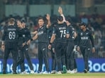 New Zealand players celebrate the wicket of Afghanistan's Azmatullah Omarzai during their match in the ICC Cricket World Cup 2023
New Zealand players celebrate the wicket of Afghanistan's Azmatullah Omarzai during their match in the ICC Cricket World Cup 2023