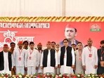 Samajwadi Party president Akhilesh Yadav with party leaders during a two-day training camp, in Pratapgarh, on Oct. 5, (PTI Photo)