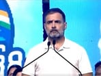 Congress MP Rahul Gandhi addresses a rally in Telangana's Mulugu on Wednesday.