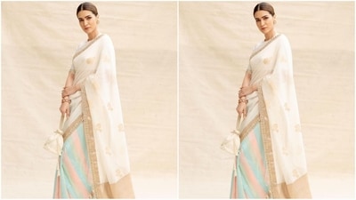 Kriti's saree features a golden embroidered border, an Indian motif print adorning the entire fabric, and vertical stripes at the bottom in shades of blue and pink. She elegantly paired it with a matching elbow-length white blouse. (Instagram/@sukritigrover) Kriti's saree features a golden embroidered border, an Indian motif print adorning the entire fabric, and vertical stripes at the bottom in shades of blue and pink. She elegantly paired it with a matching elbow-length white blouse. (Instagram/@sukritigrover)