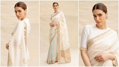Kriti Sanon recently attended the National Film Awards 2023 in Delhi where she received the Best Actress award for Mimi. Kriti is not only loved for her incredible acting skills but also for her amazing fashion sense, whether it's a traditional attire or a mini dress, the actress can pull off any look to perfection. And she proved it again as she donned a six-yard of grace to receive a national award. Her elegant look in a stunning white saree, paired with minimal make-up and chic accessories, will definitely inspire your festive wardrobe. (Instagram/@sukritigrover) Kriti Sanon recently attended the National Film Awards 2023 in Delhi where she received the Best Actress award for Mimi. Kriti is not only loved for her incredible acting skills but also for her amazing fashion sense, whether it's a traditional attire or a mini dress, the actress can pull off any look to perfection. And she proved it again as she donned a six-yard of grace to receive a national award. Her elegant look in a stunning white saree, paired with minimal make-up and chic accessories, will definitely inspire your festive wardrobe. (Instagram/@sukritigrover)