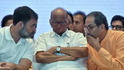 Opposition's Indian National Developmental Inclusive Alliance (INDIA) leaders Rahul Gandhi, Sharad Pawar and Uddhav Thackeray during a press conference after the bloc leaders meeting, in Mumbai (ANI)