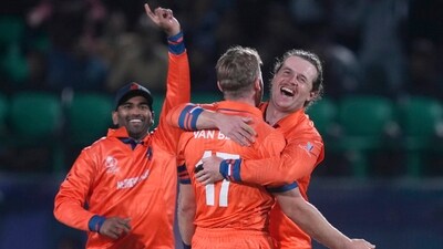 Netherlands Logan van Beek celebrates the wicket of South Africa's David Miller during their match in the ICC Men's Cricket World Cup 2023, at Himachal Pradesh Cricket Association Stadium, in Dharamsala (ANI ) Netherlands Logan van Beek celebrates the wicket of South Africa's David Miller during their match in the ICC Men's Cricket World Cup 2023, at Himachal Pradesh Cricket Association Stadium, in Dharamsala (ANI )
