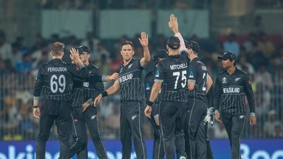 New Zealand players celebrate the wicket of Afghanistan's Azmatullah Omarzai during their match in the ICC Cricket World Cup 2023 (ANI) New Zealand players celebrate the wicket of Afghanistan's Azmatullah Omarzai during their match in the ICC Cricket World Cup 2023 (ANI)