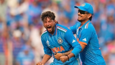 India's Kuldeep Yadav celebrates the wicket of Pakistan's Saud Shakeel during the ICC Men's Cricket World Cup match between India and Pakistan (AP) India's Kuldeep Yadav celebrates the wicket of Pakistan's Saud Shakeel during the ICC Men's Cricket World Cup match between India and Pakistan (AP)