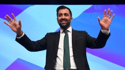 Scotland's First Minister Humza Yousaf reacts after delivering a speech on stage during the Scottish National Party (SNP) annual conference, in Aberdeen, on October 17, 2023. (Photo by ANDY BUCHANAN / AFP) (AFP) Scotland's First Minister Humza Yousaf reacts after delivering a speech on stage during the Scottish National Party (SNP) annual conference, in Aberdeen, on October 17, 2023. (Photo by ANDY BUCHANAN / AFP) (AFP)