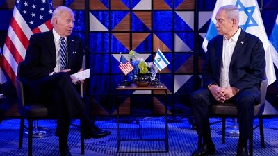 US President Joe Biden on Wednesday arrived in Israel on an urgent mission to keep the Israel-Hamas war from spiraling into a broader regional conflict and to encourage the delivery of humanitarian aid to the Palestinians. (AP) US President Joe Biden on Wednesday arrived in Israel on an urgent mission to keep the Israel-Hamas war from spiraling into a broader regional conflict and to encourage the delivery of humanitarian aid to the Palestinians. (AP)