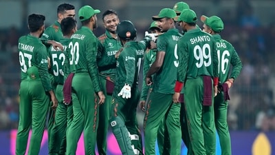 Bangladesh's captain Shakib Al Hasan (C) celebrates with teammates after taking the wicket of New Zealand's Devon Conway during the 2023 ICC Men's Cricket World Cup (AFP) Bangladesh's captain Shakib Al Hasan (C) celebrates with teammates after taking the wicket of New Zealand's Devon Conway during the 2023 ICC Men's Cricket World Cup (AFP)