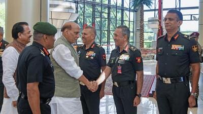 Defence minister Rajnath Singh exchanges greetings with the Army Commanders during the Army Commanders' Conference, in New Delhi on Wednesday (ANI) Defence minister Rajnath Singh exchanges greetings with the Army Commanders during the Army Commanders' Conference, in New Delhi on Wednesday (ANI)