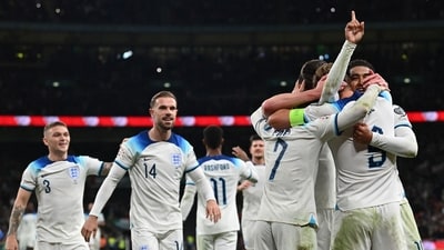 England's striker #09 Harry Kane celebrates after scoring his team thrid goal during the Euro 2024 qualifying group C football match between England and Italy at Wembley, in London (AFP) England's striker #09 Harry Kane celebrates after scoring his team thrid goal during the Euro 2024 qualifying group C football match between England and Italy at Wembley, in London (AFP)