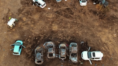 An aerial view shows the burnt cars of festival-goers at the site of an attack on the Nova Festival by Hamas gunmen from Gaza, near Israel's border with the Gaza Strip, in southern Israel, October 12, 2023 (REUTERS/Ilan Rosenberg ) (REUTERS)