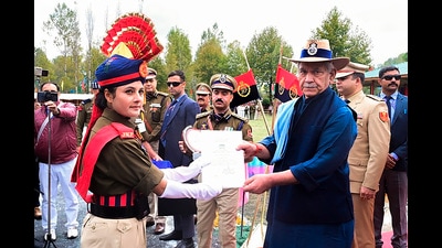 Jammu and Kashmir Lt Governor Manoj Sinha during the attestation-cum-passing out parade of 16th BRTC batch of constables at Subsidiary Training Centre, at Sheeri village in Baramulla district, on Wednesday. (PTI)