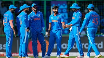 India's Shardul Thakur with teammates celebrates the wicket of Afghanistan batter Rahmat Shah during the ICC Men's Cricket World Cup 2023 match between India and Afghanistan (PTI) India's Shardul Thakur with teammates celebrates the wicket of Afghanistan batter Rahmat Shah during the ICC Men's Cricket World Cup 2023 match between India and Afghanistan (PTI)