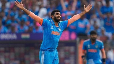 India's Jasprit Bumrah celebrates the wicket of Pakistan's Shadab Khan during the ICC Men's Cricket World Cup 2023 match between India and Pakistan (PTI)