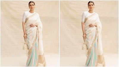 For her glamorous look, Kriti played muse to ace fashion designer Manish Malhotra and donned a stunning dual-toned saree. (Instagram/@sukritigrover) For her glamorous look, Kriti played muse to ace fashion designer Manish Malhotra and donned a stunning dual-toned saree. (Instagram/@sukritigrover)