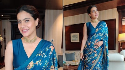 Kajol dresses up in a blue saree; fans praise her ethnic look.