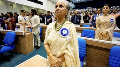 Waheeda Rehman got emotional as she was conferred with the Dadasaheb Phalke Award during the National Film Awards ceremony. A video of her several memorable performances was played inside Vigyan Bhawan. (PTI) Waheeda Rehman got emotional as she was conferred with the Dadasaheb Phalke Award during the National Film Awards ceremony. A video of her several memorable performances was played inside Vigyan Bhawan. (PTI)