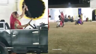 The image shows women performing 'Garba' while riding on bikes and cars with swords in their hands. (Screengrab) The image shows women performing 'Garba' while riding on bikes and cars with swords in their hands. (Screengrab)