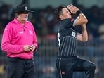  Trent Boult (R) bowls during the 2023 ICC Men's Cricket World Cup one-day international (ODI) match between New Zealand and Afghanistan at the MA Chidambaram Stadium in Chennai