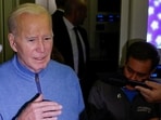 US President Joe Biden speaks to the press onboard of Air Force One en route from Israel, amid the ongoing war between Israel and Hamas, at Ramstein Air Base in Germany, October 18. 