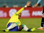 Brazil's Neymar reacts after sustaining an injury