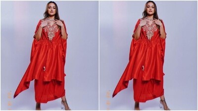 For her stunning look, Sonakshi played muse to ace fashion designer Anamika Khanna and gto decked up in a vibrant red kaftan set while her styling was expertly done by fashion stylist Mohit Rai. (Instagram/@aslisona) For her stunning look, Sonakshi played muse to ace fashion designer Anamika Khanna and gto decked up in a vibrant red kaftan set while her styling was expertly done by fashion stylist Mohit Rai. (Instagram/@aslisona)