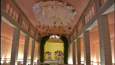 A Durga Puja pandal all decked up in Prayagraj. (Anil kumar maurya/ht photo)
