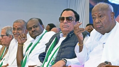 JD(S) Supremo H.D Deve Gowda with former CM H D Kumaraswamy and party state president CM Ibrahim at party leaders. (ANI Photo) JD(S) Supremo H.D Deve Gowda with former CM H D Kumaraswamy and party state president CM Ibrahim at party leaders. (ANI Photo)