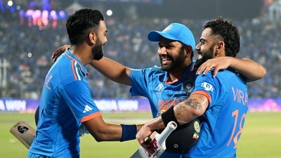 India's Virat Kohli celebrates with KL Rahul, and skipper Rohit Sharma after hitting the winning runs (ICC Twitter) India's Virat Kohli celebrates with KL Rahul, and skipper Rohit Sharma after hitting the winning runs (ICC Twitter)