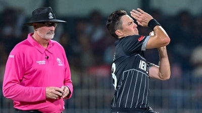 Trent Boult (R) bowls during the 2023 ICC Men's Cricket World Cup one-day international (ODI) match between New Zealand and Afghanistan at the MA Chidambaram Stadium in Chennai (AFP) Trent Boult (R) bowls during the 2023 ICC Men's Cricket World Cup one-day international (ODI) match between New Zealand and Afghanistan at the MA Chidambaram Stadium in Chennai (AFP)