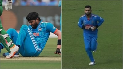 Hardik Pandya faces injury during 2023 WC match vs Bangladesh; Virat Kohli bowls (PTI/Hotstar) Hardik Pandya faces injury during 2023 WC match vs Bangladesh; Virat Kohli bowls (PTI/Hotstar)