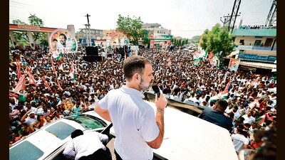 Congress leader Rahul Gandhi during a rally ahead of Telangana Assembly elections, at Manthani in Peddapalli district. (PTI) Congress leader Rahul Gandhi during a rally ahead of Telangana Assembly elections, at Manthani in Peddapalli district. (PTI)